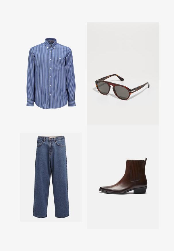 Grøn læderjakke med lynlås, krave, to sidelommer og en glat tekstur. Enkelt, moderne design uden mønstre.; Blå og hvid stribet skjorte med knaplukning, krave, lange ærmer og et lille logo på brystet. Glat stof, klassisk pasform.; Bredde denim jeans i blå farve med en falmet finish, der har en knaplukning, fem lommer og kontrastsygning langs sømmene.; Brun læder ankelstøvle med spids tå, elastiske sidepaneler, tekstureret detaljer på fronten og en lav stablet hæl.; Skildpaddemønstrede solbriller med grå linser. Glat plastikramme, rund form, metal accenter på stængerne. Lysreflekterende overflade.