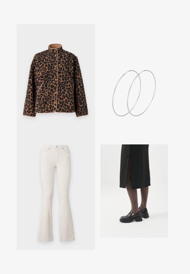 JJXX JXVERA JACKET - Fleecová bunda - multi coloured; Černý žebrovaný top s dlouhým rukávem a límečkem, vyrobený z elastického materiálu, s přiléhavým střihem a jemnou texturou.; Beige korduroy kalhoty s rozšířenými nohavicemi a vysokým pasem, s kovovým zapínáním, poutky na opasek a viditelnou ribbenou strukturou po celé ploše.; Černé kožené boty s kulatou špičkou, silným blokovým podpatkem a elastickými bočními akcenty, spárované s tmavými punčochami a černou sukní se rozparkem.; Stříbrné kruhové náušnice s minimalistickým designem. Kruh, hladký povrch a tenký profil. Lehká konstrukce s lesklým povrchem.