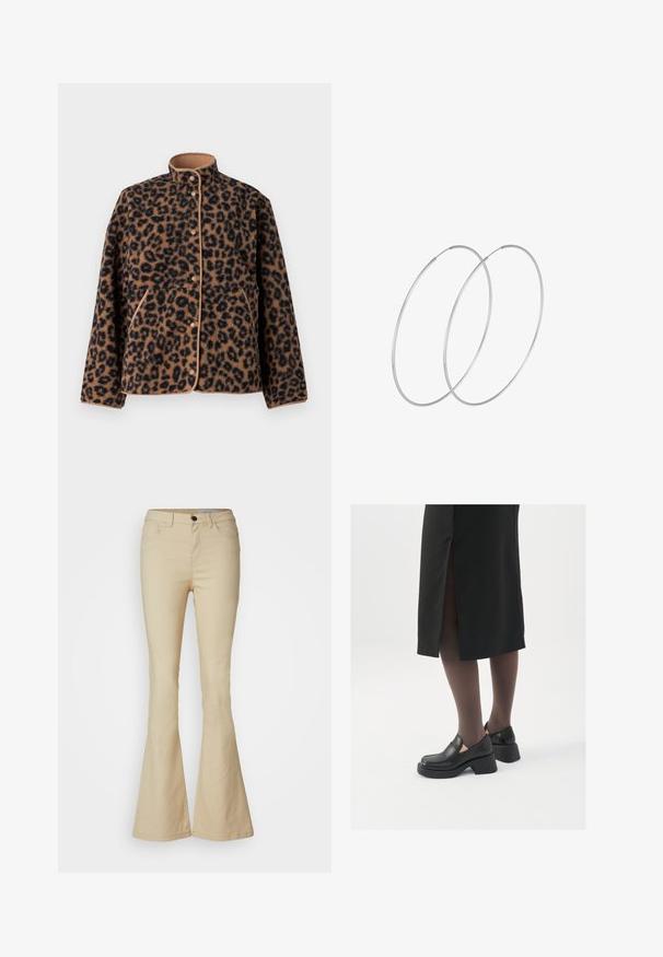 JJXX JXVERA JACKET - Fliisjakk - multi coloured; Must siled pikkade varrukatega pehme kaelusega must ribaga topp, mis on valmistatud venivast kangast, omades figuuri hoolivalt järgivat lõiget ning õrnalt tekstuurset pinna.; Beežid flared teksad, mis on valmistatud puuvilla segukangast. Kõrge vöökoht, viis taskut, esiklahv ja sile tekstuur.; Mustad mustad jalatsid ümmarguse varbaga, paksu plokkniidi ja elastsete külgdetailidega, kombineeritud tumedate sukkade ja musta lõhikuga seelikuga.; Hõbedased rõngastikkaehingad minimalistlikus disainis. Ümar kuju, sile tekstuur ja õhuke profiil. Kerged ning poleeritud viimistlusega.