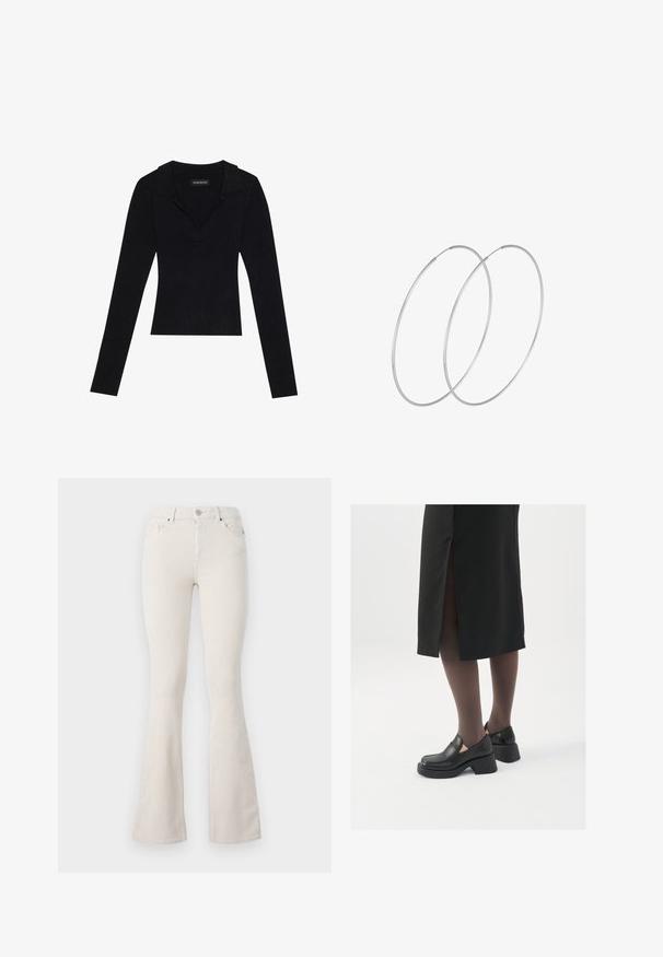 JJXX JXVERA  - Flisinė striukė - multi coloured; Juodas pašiltintas ilgomis rankovėmis megztinis su apykakle, pagamintas iš elastingos medžiagos, su prigludusia siluetu ir subtilia tekstūra.; Šviesiai rudos velveto platėjančios kelnės su aukštu liemeniu, turinčios metalinį mygtuko užsegimą, diržų kilpas ir matomą tekstūrą per visą paviršių.; Juodos odinės bateliai su apvaliu nosiu, stora blokine pakulne ir elastingais šonais, derinami su tamsiomis pėdkelnėmis ir juoda sijonu su plyšiu.; Sidabrinės pusmėnulio auskarai minimalistiniu dizainu. Apskritimo forma, lygus paviršius ir plonas profilis. Lengvi su poliruotu apdailu.