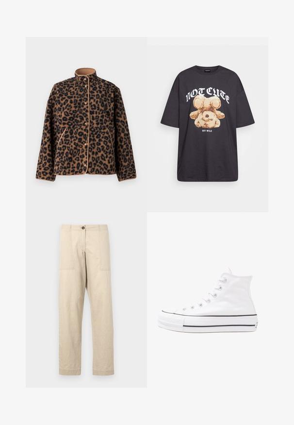 JJXX JXVERA TEDDY - Polárdzseki - multi coloured; Fekete, oversized póló, rajta egy medvével és a "NEM CUKI, HANEM FÉKTELEN" felirattal vastag, fehér betűkkel. Pamut anyag.; Beige színű pamut nadrág, egyenes szabással, elülső zsebekkel, gombos záródással és felhajtott szárakkal. Sima textúra és minimális dizájn.; Fehér magaskorsó vászon sportcipő fekete gumi talppal, elülső gumi orrnyereggel és hat fűzőlyukkal, letisztult, minimalista dizájnnal.