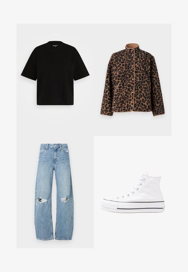 JJXX JXVERA TEDDY - Fleecejacke - multi coloured; Schwarzes Baumwoll-T-Shirt mit lockerer Passform, kurzen Ärmeln, Rundhalsausschnitt und einem kleinen Logo-Detail auf der linken Brust.; Helles, hochtailliertes Jeans aus Denim. Hat weit geschnittene Beine, zwei aufgerissene Kniebereiche und klassischen Fünf-Taschen-Stil.; Weiße hochwertige Leinensneaker mit schwarzer Gummisohle, vorderem Gummizehenschutz und sechs Ösen für Schnürsenkel, die ein sauberes, minimalistisches Design aufweisen.