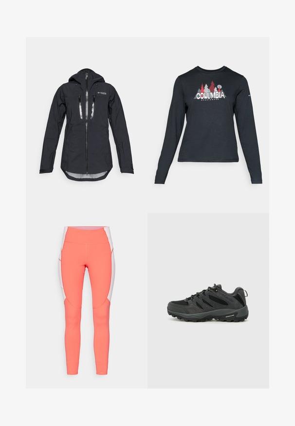 Fekete vízálló dzseki kapucnival, elülső cipzárral és két mellsz zsebb el. Texturált, könnyű anyagból készült, állítható mandzsettákkal.; Hosszú ujjú, sötétszürke ing piros fákkal és hegyekkel díszítve; a "COLUMBIA" logó vastag fehér betűkkel. Puha anyag, klasszikus kerek nyakkivágás.; Korall színű sport leggings magas derékkal, fehér oldalpanellel és ívelt varrásokkal. Sima textúra kontrasztos varrási részletekkel.; Columbia REDMOND - Túracipők - black/citron haze