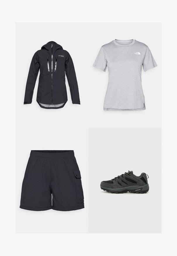 Sort vandtæt jakke med hætte, der har en frontal lynlås og to brystlommer. Lavet af struktureret, letvægtsstof med justerbare manchetter.; Grå kortærmet T-shirt lavet af blødt, fugttransporterende materiale. Har en rund hals og et lille hvidt logo øverst til venstre.; Sorte atletiske shorts lavet af letvægtsstof. Har en elastisk talje, sidelomme med knaplukning og en afslappet pasform.; Columbia REDMOND - Hikingsko - black/citron haze