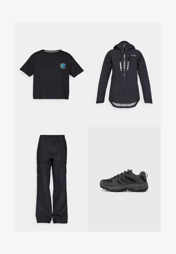 Black waterproof jacket with a hood, featuring a front zipper and two chest pockets. Made of textured, lightweight fabric with adjustable cuffs.; Black cotton short-sleeve T-shirt featuring a circular multicolored logo on the chest. Straight hem and relaxed fit.; Columbia BREA FALLS™ COTTON RIPSTOP PANT - Outdoor trousers - black; Columbia REDMOND - Hiking shoes - black/citron haze