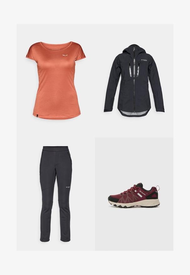 Musta vedenpitävä takki hupulla, jossa on edessä vetoketju ja kaksi rintataskua. Valmistettu teksturoidusta, kevyestä kankaasta, jossa on säädettävät hihansuut.; T-paita rustinvärinen, lyhyet hihat, pyöreä kaula-aukko, kevyttä kangasta, vasemmassa rinnassa pieni valkoinen logo, sileä pinta.; Musta pehmeäkuorinen housut, joissa on kapea istuvuus, joustava vyötärö, sivu-zippitaskut ja ommellut yksityiskohdat lahkeissa kestävyden lisäämiseksi.; Columbia PEAKFREAK™ II OUTDRY™ - Vaelluskengät - deep madeira/white peach