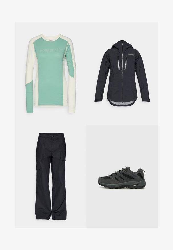 Juodas vandeniui atsparus švarkas su kapišonu, turintis priekinį užtrauktuką ir dvi krūtines kišenes. Pagamintas iš tekstūruoto, lengvo audinio su reguliuojamais rankogaliais.; Švarkas ilgomis rankovėmis mėtinės žalios ir grietinėlės spalvos, su apvalia kaklo iškirpte, kontrastingomis šoninėmis juostomis ir "NORRØNA" logotipu šviesiai pilkoje spalvoje.; Columbia BREA FALLS™ COTTON RIPSTOP PANT - Lauko kelnės - black; Columbia REDMOND - Turistiniai batai - black/citron haze