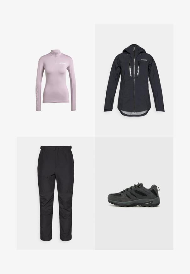 Schwarze wasserdichte Jacke mit Kapuze, ausgestattet mit einem Frontreißverschluss und zwei Brusttaschen. Hergestellt aus strukturiertem, leichtem Stoff mit verstellbaren Manschetten.; Helles lila langärmliges Sportoberteil mit hohem Kragen, ausgestattet mit einem halben Reißverschluss und dem aufgedruckten "TERREX"-Logo auf der Vorderseite und dem Ärmel. Glattes Material.; Schwarze Outdoor-Hosen aus leichtem Material, mit glatter Textur, elastischem Bund, Reißverschlusstasche und Einsätzen an den Unterschenkeln.; Columbia REDMOND - Hikingschuh - black/citron haze