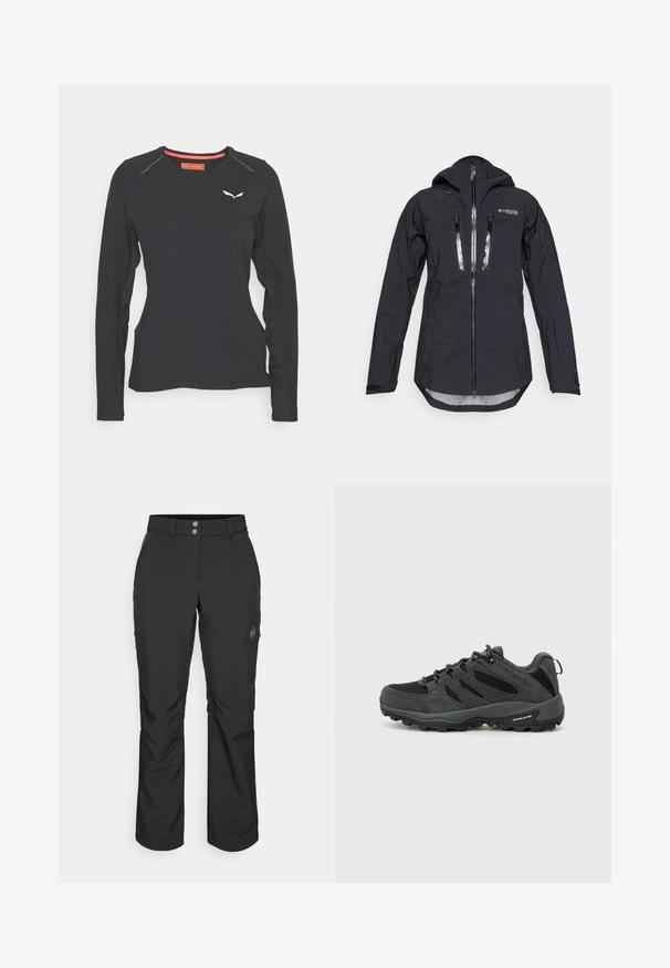Melna ūdensnecaurlaidīga jaka ar kapuci, kas aprīkota ar priekšējo rāvējslēdzēju un divām krūšu kabatām. Izgatavota no teksturēta, viegla auduma ar regulējamiem aprocēm.; Salewa PEDROC DRY TEE W. - Tops ar garām piedurknēm - black out; Melnas brīvā laika bikses ar taisnu piegriezumu, aprīkotas ar pogu aizdari, rāvējslēdzēja sānu kabatām un logotipa uzlīmi kreisajā augšstilbā.; Columbia REDMOND - Pārgājienu apavi - black/citron haze