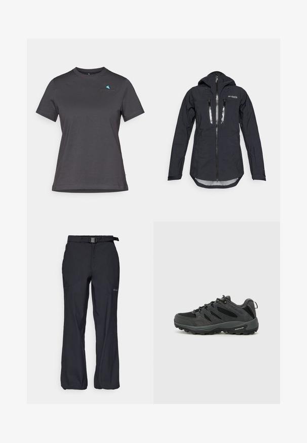 Jachetă impermeabilă neagră cu glugă, cu fermoar în față și două buzunare pe piept. Fabricată dintr-un material texturat, ușor, cu manșete ajustabile.; Tricou scurt, de culoare gri închis, din bumbac moale. Dispune de un guler rotund și un mic logo albastru pe piept. Textură fină.; Pantaloni de exterior negri, dintr-un material ușor, cu o talie ajustabilă și curea, și două buzunare frontale. Proiectați pentru confort și utilitate.; Columbia REDMOND - Pantofi drumeție - black/citron haze