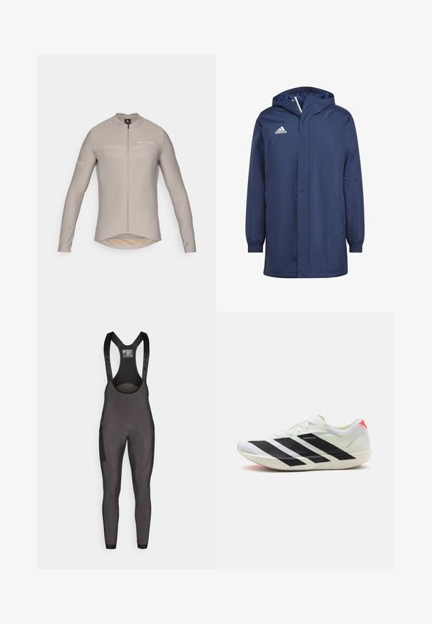 Marineblaue, wasserdichte Jacke mit Kapuze, elastischen Bündchen, Front-Reißverschluss und Seitentaschen. Mit weißem Adidas-Logo auf der oberen linken Brust.; Hellbeige Radtrikot mit langen Ärmeln, hohem Kragen, Frontreißverschluss und dezenten Logodetails. Verfügt über einen verlängerten Saum und eine glatte Stofftextur.; Schwarze Radsport-Trägershorts mit verstellbaren Trägern, gepolstertem Sitzbereich und strukturierten Einsätzen an den Seiten für zusätzlichen Halt und Unterstützung.; Weißer Sportschuh mit schwarzen diagonalen Streifen, leichtem Mesh-Material, grünen Akzenten und rotem Fersenbereich; zeichnet sich durch ein schlankes, verlängertes Design aus.
