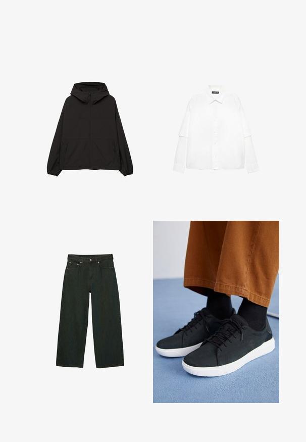 Schwarze Kapuzenjacke aus leichtem, wasserabweisendem Material. Mit durchgehendem Reißverschluss, seitlichen Taschen mit Reißverschluss, elastischen Bündchen und einem schlichten Design.; Weißes Langarmhemd aus Baumwolle mit durchgehender Knopfleiste, klassischem Kragen und übergroßen Ärmeln in lockerer Passform.; Dunkelgrüne weit geschnittene Jeans aus Denim; mit einem vorderen Knopf und Reißverschluss, fünf Taschen und subtilen Texturvariationen.; Schwarze Wildleder-Sneaker mit weißen Gummisohlen, mit Schnürdesign, strukturierten Akzenten und dezentem Branding, kombiniert mit braunen Hosen.