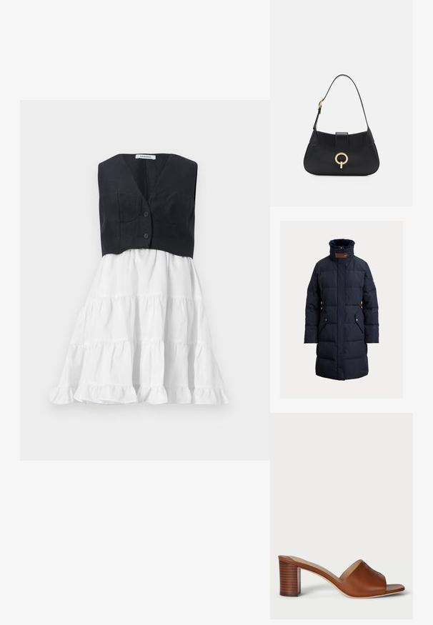Tengerészkék puffertömeg kabát magas gallérral, vízszintes steppelt dizájnnal, két oldalsó zsebbel és barna bőr kiegészítőkkel a nyak körül.; sandro ROBE - Nappali ruha - noir/ecru; Barna bőr sarkú papucsok széles, nyitott orral, ívelt felsőrésszel és vízszintes vonalakkal díszített, hengeralakú, réteges sarkakkal.; Fekete bőr kézitáska ívelt sziluettel, rövid pánttal, középen aranyszínű hardware-rel és sima textúrával. Nincsenek látható minták vagy kiegészítők.