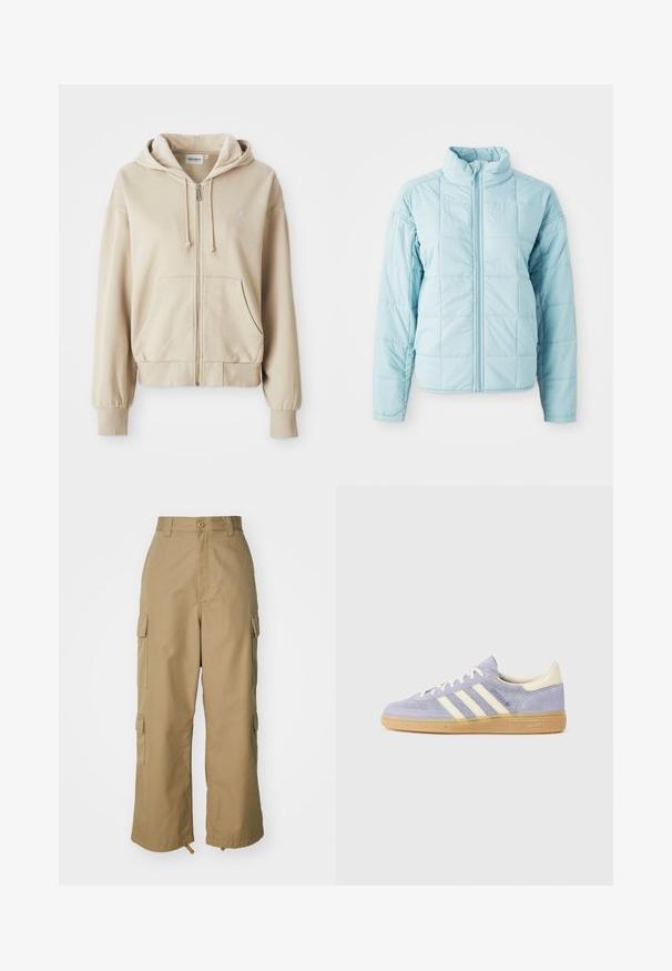 Hele sinine õmmeldud jakk esi tõmblukuga ja kõrge kraega, millel on pikad varrukad ja ruutõmblustest muster.; Beež zip-up kapuutsiga dressipluus, millel on reguleeritav kapuuts, kõhukotid, ribbed varrukate ja hem ning väike logo vasakul rinnal. Pehme kangast tekstuur.; Hall suurte varrukatega hall T-särk ringkaelusega, mille vasakul rinnal on väike punane südamekujuline kätk, millel on kirjas "Carhartt WIP."; Beezid kargo püksid kõrge vöökohaga, laiad jalad ja neli suurt külgtaskut. Valmistatud vastupidavast kangast, millel on sile tekstuur ja minimaalne detail.; Lilla suede tennis, millel on kolm valget triipu, kummist gummi tallad ja kreemjad aksendid kanna ja keele juures. Minimalistlik disain logodetailiga.