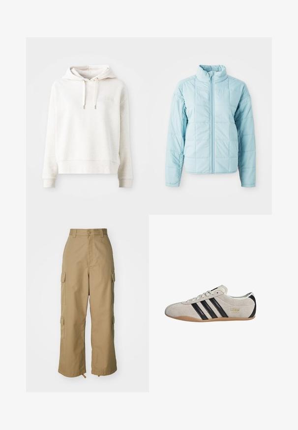 Veste matelassée bleu clair avec fermeture éclair sur le devant et col haut, dotée de manches longues et d'un motif de couture en carré.; Sweat à capuche beige clair avec une texture douce, fermeture à cordon de serrage et un logo brodé simple sur la poitrine. Manches longues et coupe courte.; Pantalons cargo beiges à taille haute, jambes larges et quatre grandes poches latérales. Fabriqués en tissu durable avec une texture lisse et peu de détails.; Sneakers en suède avec un dessus gris, des rayures noires et une semelle en caoutchouc couleur gomme. Dotées d'un système de laçage et d'un détail logo doré sur le côté.