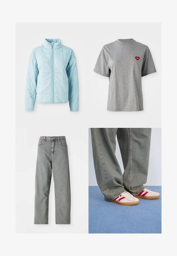 Svijetloplava jakna s kvadratičastim šavovima, s prednjim zatvaračem i visokim ovratnikom, s dugim rukavima.; Siva majica s kratkim rukavima i okruglim izrezom, s malim crvenim srcem na lijevoj strani prsnog koša na kojem piše "Carhartt WIP."; Svijetlosivi traperice s ravnim nogavicama, s prednjim kopčanjem na dugme, pet džepova i suptilnim izbljeđivanjem.; Bijele tenisice s crvenim prugama, teksturirana platnena gornja strana, zaobljen vrh, ravni gumeni potplat, uparen s labavim, izblijedjelim plavim trapericama.