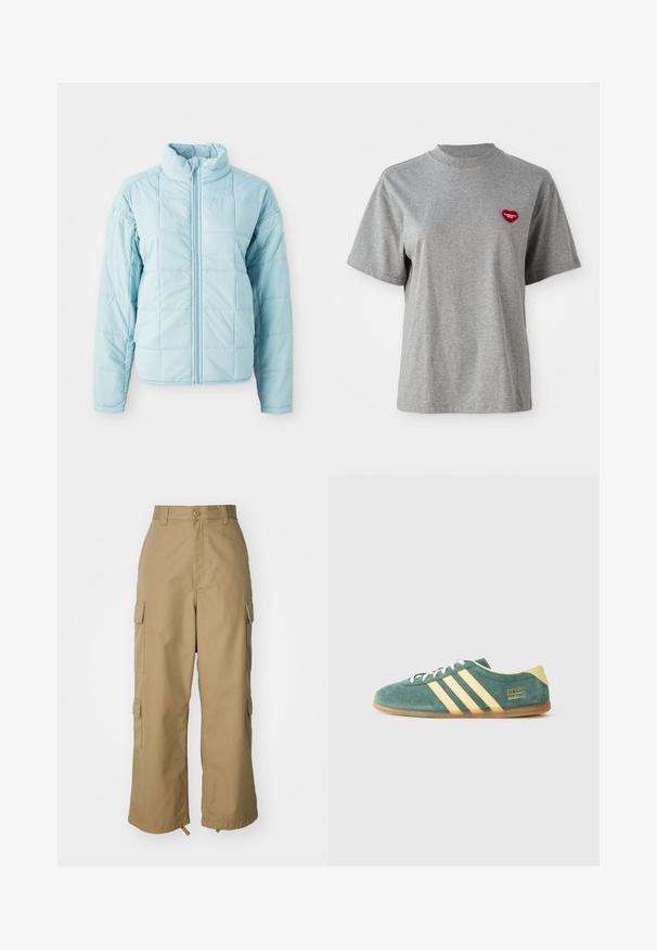 Vaaleansininen tilkkutakkia, jossa on edessä vetoketju ja korkea kaulus. Takissa on pitkät hihat ja neliömäinen tikkauskuvio.; Harmaa lyhythihainen crew neck -t-paita, jossa on pieni punainen sydämenmuotoinen tikkaukset vasemmassa rinnassa, jossa lukee "Carhartt WIP."; Beige cargo-housut korkealla vyötäröllä, leveillä lahkeilla ja neljällä suurella sivutaskulla. Valmistettu kestävästä kankaasta, jossa on sileä pinta ja minimaalinen yksityiskohtaisuus.; Vihreä mokkakengät keltaisilla yksityiskohdilla ja kolmella raidalla. Pyöristetty kärki, litteä kumipohja ja hallitseva brändilogo sivulla.