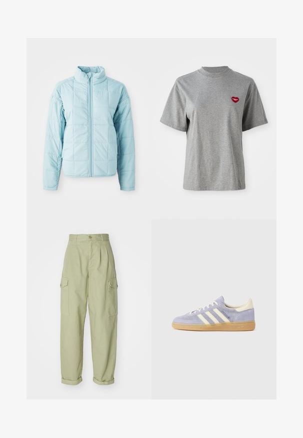 Hele sinine õmmeldud jakk esi tõmblukuga ja kõrge kraega, millel on pikad varrukad ja ruutõmblustest muster.; Hall suurte varrukatega hall T-särk ringkaelusega, mille vasakul rinnal on väike punane südamekujuline kätk, millel on kirjas "Carhartt WIP."; Heledad rohelised cargo püksid, valmistatud puuvillakangast. Omavad kõrget talje, volditud pahkluup, ja kahte külgpoket lisafunktsionaalsuse jaoks.; Lilla suede tennis, millel on kolm valget triipu, kummist gummi tallad ja kreemjad aksendid kanna ja keele juures. Minimalistlik disain logodetailiga.