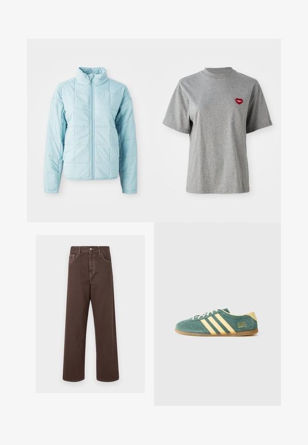 Vaaleansininen tilkkutakkia, jossa on edessä vetoketju ja korkea kaulus. Takissa on pitkät hihat ja neliömäinen tikkauskuvio.; Harmaa lyhythihainen crew neck -t-paita, jossa on pieni punainen sydämenmuotoinen tikkaukset vasemmassa rinnassa, jossa lukee "Carhartt WIP."; Ruskeat leveät farkut erottuvalla ompelella, viisi taskua ja metallinappikiinnitys. Suora leikkaus ja sileä pinta.; Vihreä mokkakengät keltaisilla yksityiskohdilla ja kolmella raidalla. Pyöristetty kärki, litteä kumipohja ja hallitseva brändilogo sivulla.