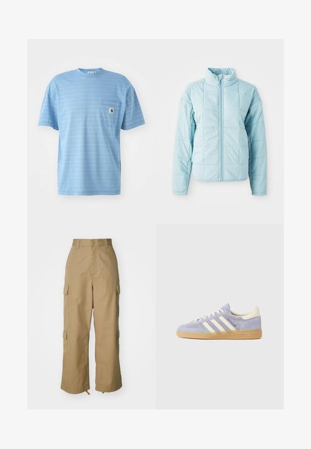 Gaiši zila, pūkaina jaka ar priekšējo rāvējslēdzēju un augstu apkakli, ar garām piedurknēm un kvadrātveida šuvju rakstu.; Gaiši zils īsām piedurknēm T-krekls ar horizontālām svītrām. Iekļauj krūšu kabatu ar logo uzlīmi. Izgatavots no mīksta kokvilnas materiāla.; Bēša kravas bikses ar augstu jostasvietu, platām kājām un četriem lieliem sānu kabatām. Izgatavotas no izturīgas auduma ar gludu tekstūru un minimālām detaļām.; Purpursuede tenisa ar trim baltām svītrām, gumijas zole un krēmkrāsas akcenti uz papēža un mēles. Minimālistisks dizains ar logo detaļu.
