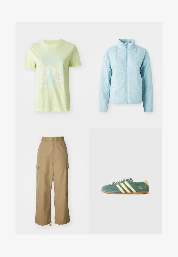 Svijetloplava jakna s kvadratičastim šavovima, s prednjim zatvaračem i visokim ovratnikom, s dugim rukavima.; Svijetlozelena majica od pamuka s plavim grafičkim motivom palme i natpisom "SUMMER DREAMS", s dugim kratkim rukavima.; Bež cargo hlače visokog struka, širokih nogavica i četiri velika bočna džepa. Napravljene su od izdržljivog materijala s glatkom teksturom i minimalnim detaljima.; Zelene suède cipele s žutim naglascima i tri trakice. Zaobljen vrh, ravni gumenasti đon i istaknuti brend logo sa strane.
