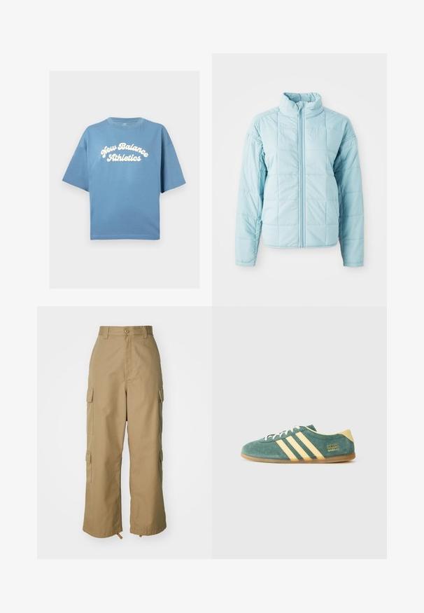 Svetlomodrá prešívaná bunda s predným zipsom a vysokým golierom, ktorá má dlhé rukávy a štvorcový vzor prešívania.; Modrá bavlnená tričko s voľným strihom, krátkymi rukávmi a okrúhlym výstrihom. Biele logo "New Balance Athletics" tlačené v strede.; béžové cargo nohavice s vysokým pásom, širokými nohavicami a štyrmi veľkými bočnými vreckami. Vyrobené z odolnej tkaniny s hladkou textúrou a minimálnymi detailmi.; Zelené semišové topánky s žltými akcentmi a tromi pruhmi. Okrúhla špička, plochá gumená podrážka a výrazné logo značky na boku.