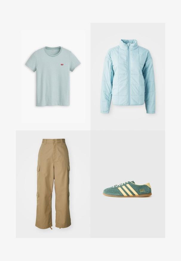 Hele sinine õmmeldud jakk esi tõmblukuga ja kõrge kraega, millel on pikad varrukad ja ruutõmblustest muster.; Heledad sinine triibuline T-särk, mis on valmistatud puuvillast, lühikeste varrukatega ja ümmarguse kaelusega. Rinnal on väike punane Levi'si logo.; Beezid kargo püksid kõrge vöökohaga, laiad jalad ja neli suurt külgtaskut. Valmistatud vastupidavast kangast, millel on sile tekstuur ja minimaalne detail.; Roheline sametking, millel on kollased aktsendid ja kolm triipu. Ümar nina, lame kummitald ning silmapaistev brändi logo küljel.