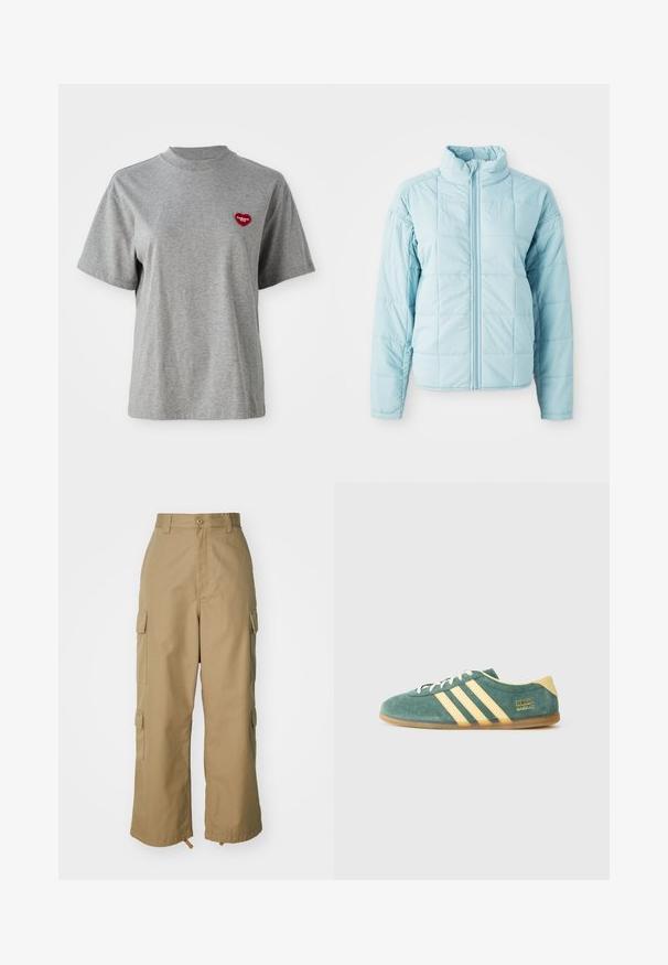 Hele sinine õmmeldud jakk esi tõmblukuga ja kõrge kraega, millel on pikad varrukad ja ruutõmblustest muster.; Hall suurte varrukatega hall T-särk ringkaelusega, mille vasakul rinnal on väike punane südamekujuline kätk, millel on kirjas "Carhartt WIP."; Beezid kargo püksid kõrge vöökohaga, laiad jalad ja neli suurt külgtaskut. Valmistatud vastupidavast kangast, millel on sile tekstuur ja minimaalne detail.; Roheline sametking, millel on kollased aktsendid ja kolm triipu. Ümar nina, lame kummitald ning silmapaistev brändi logo küljel.