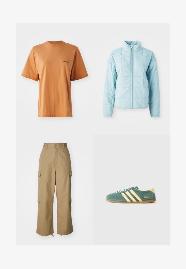 Light blue quilted jacket with front zipper and high collar, featuring long sleeves and square stitching pattern.; Short-sleeve, crew-neck t-shirt in muted orange cotton, featuring a small embroidered logo in dark red on the left chest.; Beige cargo pants with a high waist, wide legs, and four large side pockets. Made of durable fabric with a smooth texture and minimal detail.; Green suede shoe with yellow accents and three stripes. Rounded toe, flat rubber sole, and prominent brand logo on the side.