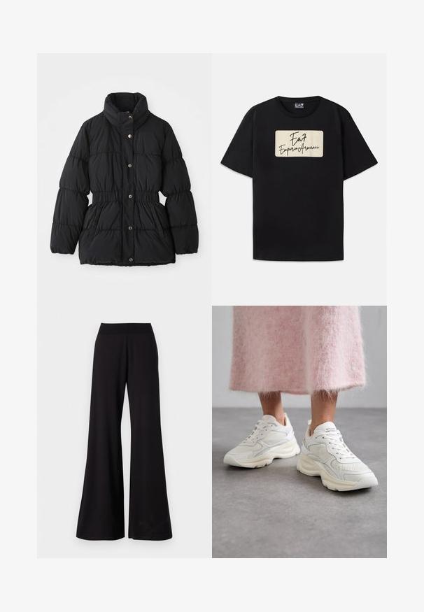 Svart polstret vinterjakke med høy krage, elastisk liv, trykknappslukking og sidelommer.; Svart bomull T-skjorte med et rektangulært merke logo i kremfarget med håndskrevet stil. Korte ermer og standard passform.; Svarte vide bukser laget av glatt stoff med høy, elastisk midje. Bukser har full lengde og et enkelt design uten mønstre.; Hvite joggesko laget av mesh og lær, med rund tå og polstret såle. Har snøring og merkenavn på tungen.