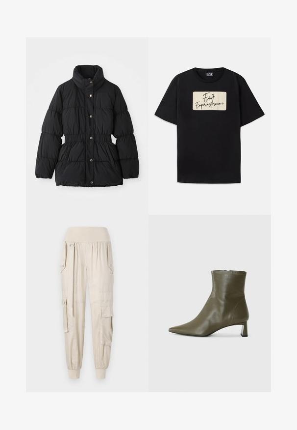 Melna pildīta ziemas jaka ar augstu apkakli, elastīgu jostu, spiedpogu aizdari un sānu kabatām.; Melna kokvilnas T-kreklā ar taisnstūra formas zīmola logo krēmkrāsā, kas izskatās kā roku rakstīts teksts. Īsās piedurknes un standarta piegriezums.; Beige kravas bikses ar elastīgu jostu, sašaurinātiem piedurknēm, sānu kabatām un pogu detaļām. Izgatavotas no viegla auduma ar gludu tekstūru.; Olīvzaļš ādas potīšu zābaks ar smailu purngalu un 4 cm blokveida papēdi; gluda tekstūra un minimālisma dizains ar rāvējslēdzēju.
