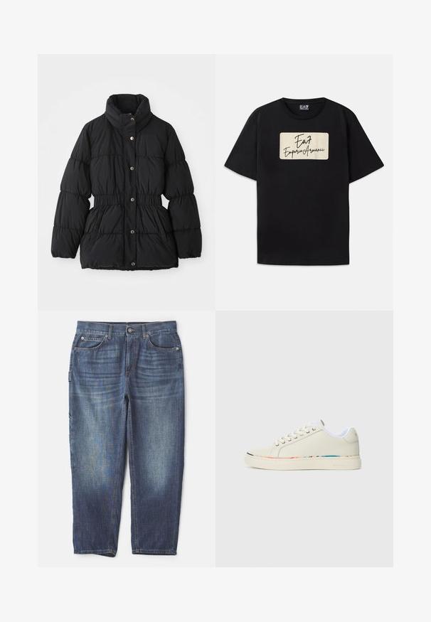 Černá zimní bunda s polstrováním, vysokým límcem, elastickým pasem, zapínáním na patentky a bočními kapsami.; Černé bavlněné tričko s obdélníkovým logem značky v krémové barvě a textem psaným stylem ručního písma. Krátké rukávy a standardní střih.; Džínové kalhoty v tmavě modré barvě, které mají pět kapes, zapínání na knoflík a zip, rovný střih a kontrastní švy.; Nízké tenisky v off-white barvě s šněrováním, bílým vnitřním podšíváním a jemným vícebarevným lemem podél okraje podešve, boční pohled.
