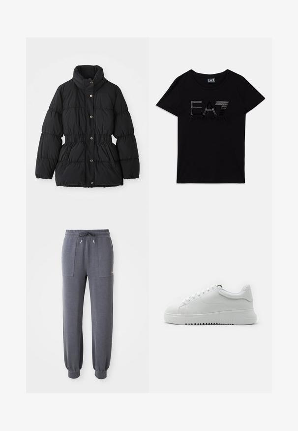 Casaco de inverno preto acolchoado com gola alta, cintura elástica, fecho de botão de pressão e bolsos laterais.; T-shirt de algodão preto com mangas curtas, apresentando o logótipo "EA7" em strass e o texto "EMPORIO ARMANI" em um design contrastante.; Calças de jogging cinzas feitas de tecido macio, com uma cintura elástica com cordão, dois bolsos frontais e punhos ajustados nos tornozelos.; Sapatilhas brancas com um upper de couro texturizado, bico arredondado e design de atacadores. Sola grossa de borracha branca com padrão de aderência texturizado.
