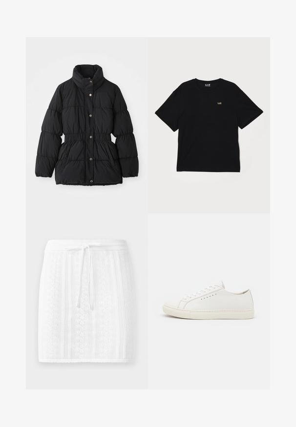 Svart polstret vinterjakke med høy krage, elastisk liv, trykknappslukking og sidelommer.; Svart bomull T-skjorte med korte ermer, rund hals og en liten gulllogo på venstre bryst. Jevn tekstur og avslappet passform.; Strikket hvit skjørt med et strukturert mønster og vertikale striper; har strikk i livet og en bølgende kant.; Hvite lær sneakers med glatt tekstur, rund tå, minimale snøringer og flat gummisåle. Enkelt design uten ekstra aksenter.