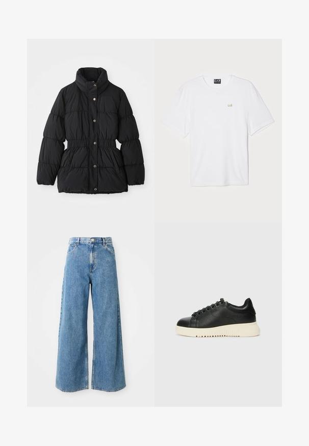 Svart polstret vinterjakke med høy krage, elastisk liv, trykknappslukking og sidelommer.; Hvit bomulls t-skjorte med korte ermer og rund hals, med en liten gullfarget EA7-logo på venstre bryst.; Høyhælte lyseblå vide denimjeans med frontknapp, glidelås og frontlommer på hvit bakgrunn.; Sorte lær sneakers med teksturert overflate, med rund tå, seks svarte hull for snøring, og en hvit gummisåle med riller.