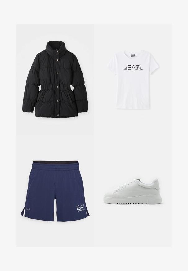 Casaco de inverno preto acolchoado com gola alta, cintura elástica, fecho de botão de pressão e bolsos laterais.; T-shirt de algodão branca com decote redondo e mangas curtas. Apresenta um logótipo EA7 preto e detalhes listrados no design.; Bermudas desportivas azul-marinho com um cós elástico, bolsos laterais e detalhes em branco no logotipo. Feitas de material leve e respirável.; Sapatilhas brancas com um upper de couro texturizado, bico arredondado e design de atacadores. Sola grossa de borracha branca com padrão de aderência texturizado.