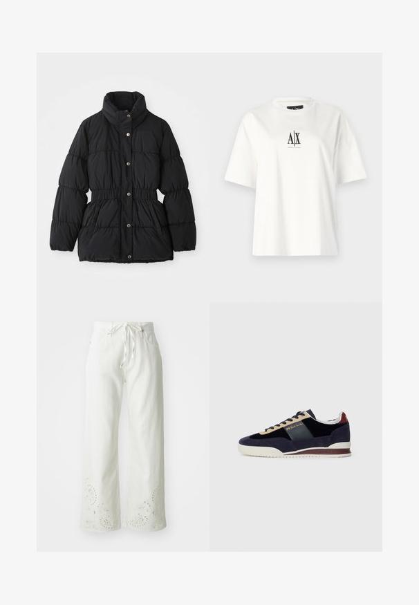 Chaqueta de invierno negra acolchada con cuello alto, cintura elástica, cierre de botones de presión y bolsillos laterales.; Camiseta de algodón blanca con mangas cortas, un corte relajado y un estampado de logo negro en el centro del frente. Textura suave, sin patrones adicionales.; Pantalones anchos blancos de algodón, con cintura con cordón y patrones de paisley bordados en el dobladillo. Textura suave.; Zapatillas de ante en color marino con acentos en beige y azul oscuro. Cuentan con una suela de goma blanca y un logo dorado en el lateral. Diseño atlético clásico.