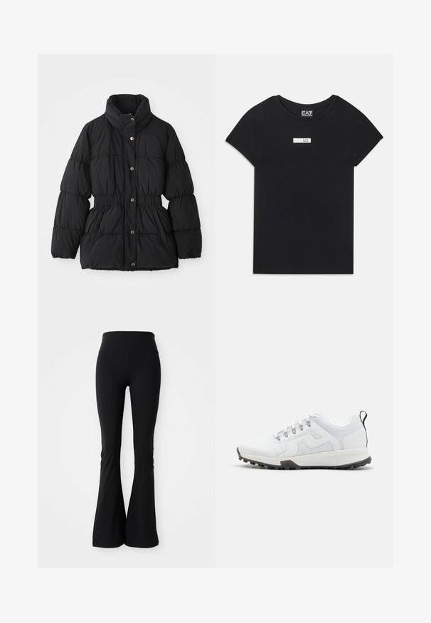 Svart polstret vinterjakke med høy krage, elastisk liv, trykknappslukking og sidelommer.; Svart T-skjorte med korte ermer laget av bomull, med et hvitt rektangulært logopatch merket "EA7" på brystområdet.; Sorte flared leggings laget av elastisk materiale, med høy midje og jevn tekstur. Ingen mønstre eller detaljer synlige.; Hvit idrettssko med mesh-overdel, gummisåle, teksturerte detaljer og svart hælflik. Har grå snører og et logodesign.