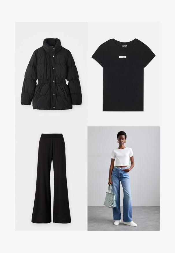 Schwarze gepolsterte Winterjacke mit hohem Kragen, elastischem Bund, Druckknopfverschluss und seitlichen Taschen.; Schwarzes T-Shirt mit kurzen Ärmeln aus Baumwolle, ausgestattet mit einem weißen rechteckigen Logo-Patch mit der Aufschrift "EA7" im Bereich der Brust auf der Vorderseite.; Schwarze weit geschnittene Hose aus glattem Stoff mit hohem, elastischem Bund. Die Hose hat eine volle Länge und ein schlichtes Design ohne Muster.; Weißes geripptes, kurz geschnittenes T-Shirt, hellblaue weit geschnittene Jeans und weiße Sneakers. Hält eine grün-weiß gestreifte Tragetasche.