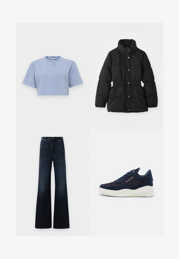 Juoda pūsta žiemos striukė su aukštu apykakle, elastingu cintura, užsegimu užspaustumis knopkėmis ir šoninėmis kišenėmis.; Trumpas šviesiai mėlynas marškinėliai, pagaminti iš minkštos medžiagos, su trumpomis rankovėmis, apvaliu iškirpimu ir mažomis grafikomis priekyje.; Tamsiai mėlynos aukšto juosmens plačia kojos džinsai su priekinėmis kišenėmis, diržo kilpos ir sagčių bei užtrauktuko uždarymu.; Tamsiai mėlyni zomšiniai sportbačiai su baltais guminiais padais, apvaliu priekiu ir raištelių uždarymo dizainu. Suteikia logotipo detalę šone ir tekstūrines akcentus.