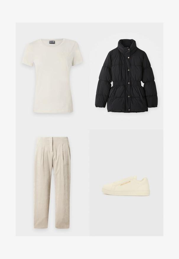 Svart polstret vinterjakke med høy krage, elastisk liv, trykknappslukking og sidelommer.; Lys beige kortermet t-skjorte laget av mykt stoff, med rund hals og et subtilt mønster på forsiden nær øverste venstre del.; Beige kordfløyelsbukser med vertikale ribber, som har to frontfold, en skreddersydd passform og en rett benedesign.; Kremfargede slip-on sneakers med en glatt tekstur, som har en hevet logo aksent og et minimalistisk design. Tjukk gummisåle for støtte.