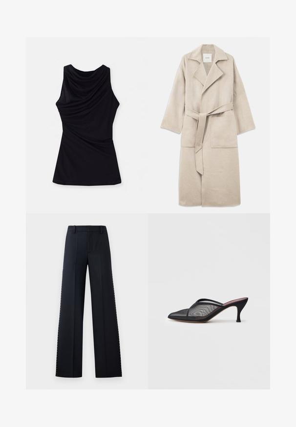 Beez villasegu segujope, millel on nurgeline krae, pikad varrukad, vööpael ja kaks esikot, millel on pehme tekstuur ja mugav lõige.; Musta ilmavarrukatega topp, millel on volditud kaelus ja pehme, veniv kangas, mis istub vabalt. Lihtne disain, ilma lisamustrite või aksessuaarideta.; Mustad püksid mustas värvitoonis. Kohandatud istuvus ja sile tekstuur. Küljelt ääre ääres on metallist nupud detailiks.; Mustad mustridest muulid terava varbaga, õhukeste rihmadega ja 3-tollise stiilse kontsaga. Omab läbipaistvat tekstuuri ja ühtlast tooni tallat.