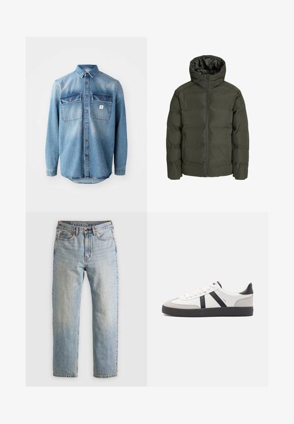 Oliwkowa kurtka puchowa z kapturem, z zamkiem błyskawicznym z przodu, pikowany design i elastyczne mankiety. Gładki materiał z ociepleniem.; Zielona oliwkowa sweter dzianinowy z okrągłym dekoltem, długimi rękawami i prążkowanymi mankietami. Posiada teksturowany wzór i luźny krój.; Jasnoniebieska koszula dżinsowa z długimi rękawami, dwoma kieszeniami na piersi, zapinana na guziki z kontrastującymi ciemniejszymi wlotami kieszeni. Posiada zaokrąglony dół.; Jasnoniebieskie dżinsy z wysokim stanem, z guzikiem z przodu, zamkiem błyskawicznym i pięcioma kieszeniami, ułożone na płasko na neutralnym tle.; Białe sneakersy z czarnymi i szarymi akcentami, z teksturowanym szarym czubkiem, czarną gumową podeszwą i płaskimi białymi sznurowadłami. Czysty design, minimalistyczny styl.