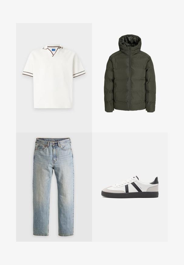 Olive roheline pusa jakkk, millel on kapuuts, esiküljel tõmblukk, vatitud disain ja elastsed mansetid. Sile kangas koos soojustusega.; Oliivroheline kootud sviiter ümmarguse kaeluse, pikkade varrukate ja soonikdetailidega. Omab tekstureeritud mustrit ja lõdva istuvust.; Valge lühikeste varrukatega polo särk V-kaelusega, millel on pruunid aktsentribad krael ja varrukatel. Valmistatud pehmest, tekstureeritud materjalist.; Heledad hele sinine teksapükste kõrge vöökoht, ees nupuga, lukuga ja viie taskuga disain, asetatud tasasele neutraalsele taustale.; Valged tossud mustade ja hallide aktsentidega, tekstureeritud halli varbakattega, musta kummitald ja lamedad valged paelad. Puhtad jooned, minimalistlik stiil.