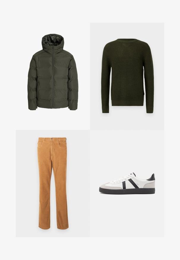Maslinasto zelena puffer jakna s kapuljačom, koja ima prednji zatvarač, kviltani dizajn i elastične manžetne. Glatka tkanina s izolacijom.; Maslinasto zeleni pleteni pulover s okruglim izrezom, dugim rukavima i rebrastim manžetama. Sadrži teksturirani uzorak i opušteni kroj.; Svijetlosmeđi kordura hlače s klasičnim dizajnom od pet džepova i kopčanjem na dugme, prikazane ravno na bijeloj pozadini.; Bijele tenisice s crnim i sivim detaljima, s teksturiranim sivim zaštitnikom prstiju, crnim gumene potplate i ravnim bijelim vezicama. Čist dizajn, minimalistički stil.