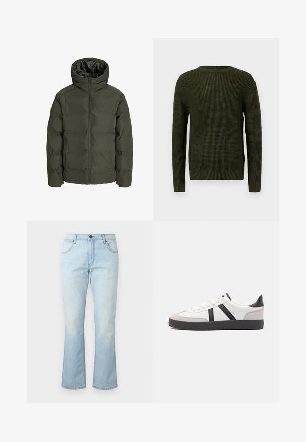 Olive roheline pusa jakkk, millel on kapuuts, esiküljel tõmblukk, vatitud disain ja elastsed mansetid. Sile kangas koos soojustusega.; Oliivroheline kootud sviiter ümmarguse kaeluse, pikkade varrukate ja soonikdetailidega. Omab tekstureeritud mustrit ja lõdva istuvust.; Heledad hallilised teksad, mis on valmistatud denimist, helesinises värvitoonis. Omadusteks on viis taskut, vöökoha silmused ja lukuga lennuk, millel on nupp vöö kohal.; Valged tossud mustade ja hallide aktsentidega, tekstureeritud halli varbakattega, musta kummitald ja lamedad valged paelad. Puhtad jooned, minimalistlik stiil.