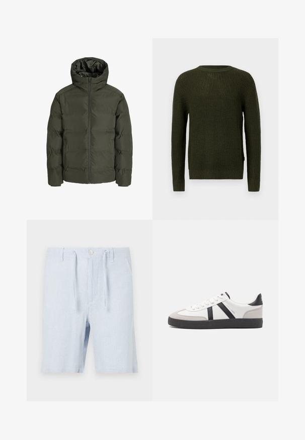 Olive zaļš pūķa jaka ar kapuci, ar priekšējo rāvējslēdzēju, kvilts dizainu un elastīgām aprocēm. Gluda auduma ar izolāciju.; Olīvzaļš adīts džemperis ar apaļu apkakli, garām piedurknēm un ribinātām aprocēm. Iekļauj teksturētu rakstu un brīvu piegriezumu.; Gaiši zili svītroti šorti ar savelkamu jostu, priekšējām kabatām un pogu aizdari, izgatavoti no vieglas auduma.; Baltas sneakeris ar melniem un pelēkiem akcentiem, kuram ir teksturēts pelēks purngals, melna gumijas zole un plakanas baltas šņores. Tīrs dizains, minimālisma stils.