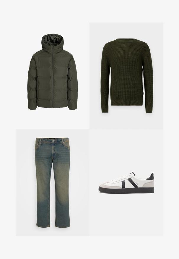 Giubbino imbottito verde oliva con cappuccio, dotato di zip frontale, design trapuntato e polsini elastici. Tessuto liscio con isolamento.; Maglione lavorato a maglia verde oliva con scollo rotondo, maniche lunghe e polsini a costine. Presenta un pattern texturizzato e una vestibilità morbida.; Jeans in denim di un blu sbiadito, con una vestibilità a gamba dritta, chiusura con bottone in ottone, cinque tasche e dettagli di sbiaditura leggera.; Sneaker bianco con accenti neri e grigi, dotata di una punta grigia testurizzata, suola in gomma nera e lacci bianchi piatti. Design pulito, stile minimalista.