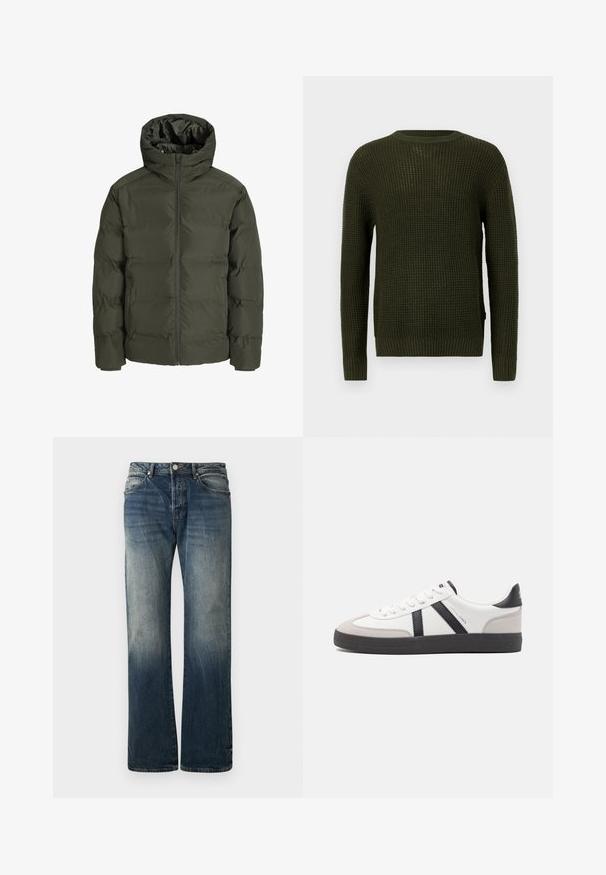 Olivengrønn dunjakke med hette, med glidelås foran, quiltet design og elastiske mansjetter. Glatt stoff med isolasjon.; Olivengrønn strikket genser med rund hals, lange ermer og ribbede mansjetter. Har et teksturert mønster og en avslappet passform.; Mørkeblå vide jeans laget av denim. Har falmet detaljering, tradisjonell fem-lommers design, og en metallknapp-lukking i livet.; Hvite sneakers med svarte og grå detaljer, med en teksturert grå tåhette, svart gummisåle, og flate hvite lisser. Rent design, minimalistisk stil.