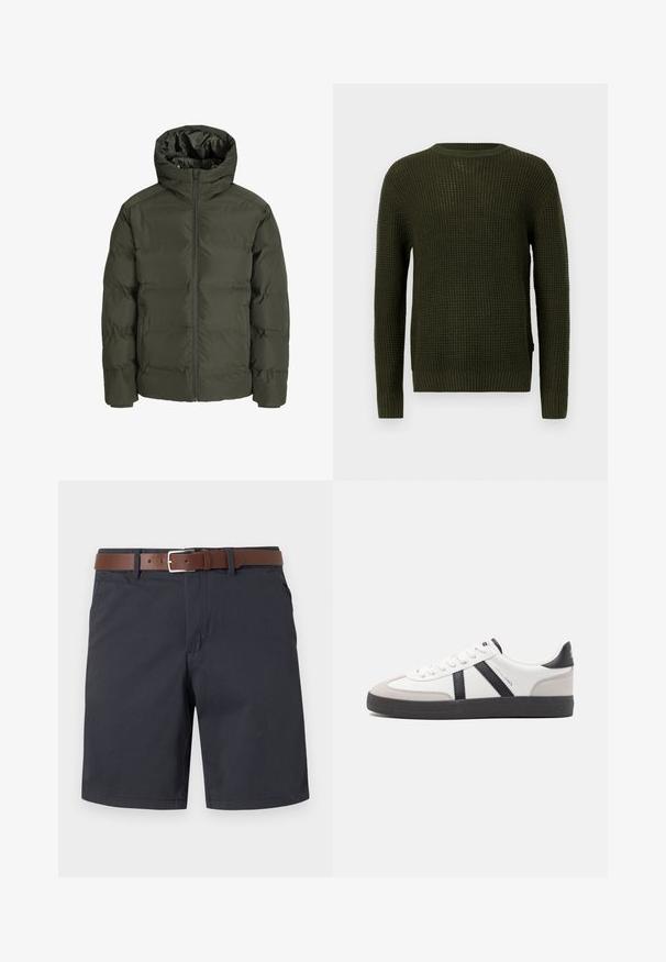 Olive zelena puhovka s kapuco, ki ima sprednji zadrgo, prešito zasnovo in elastične manšete. Gladek material z izolacijo.; Olivno zeleno pleteno pulover s okroglo izrezom, dolgimi rokavi in rebrastimi manšeti. Opremljen je z teksturiranim vzorcem in udobnim krojem.; Temno modri kratki hlače iz strukturirane tkanine, z rjavim usnjenim pasom. Klasičen kroj z dvema stranskima žepoma in enostavno obrobljenimi robovi.; Bela športna obutev z črnimi in sivo akcenti, z teksturirano sivo kapico za prste, črnim gumijastim podplatom in ravnimi belimi vezalkami. Čista zasnova, minimalistični slog.